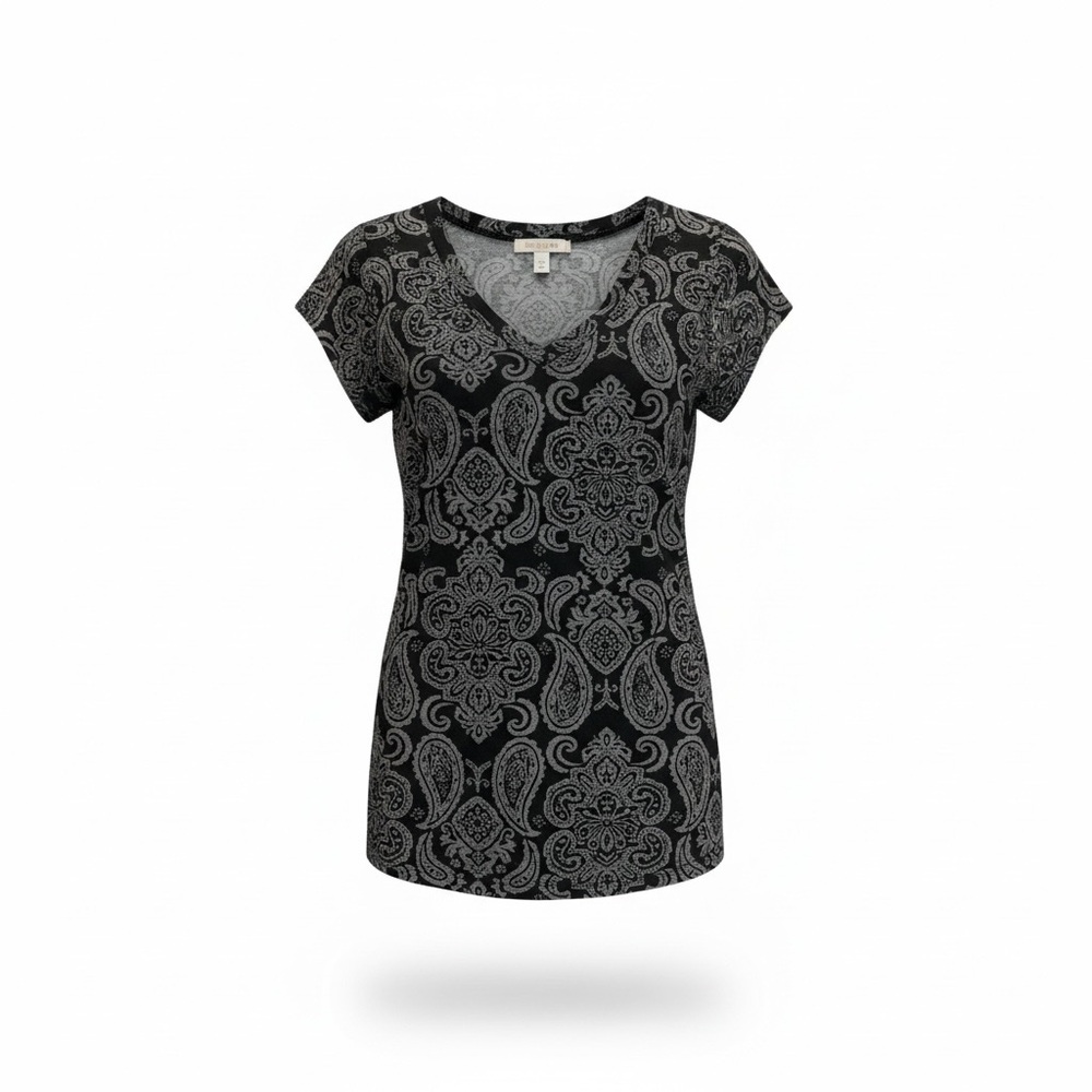 Marika Black and Gray Paisley Short Sleeve Top